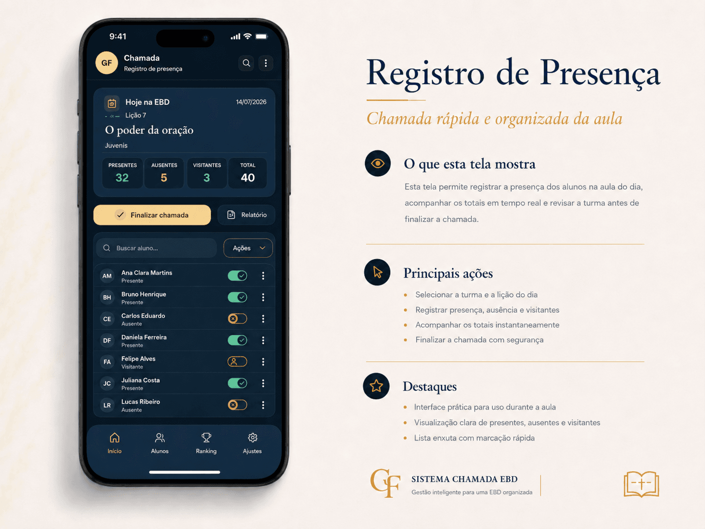 Tela do Sistema de Gestão da EBD: Registro de chamada