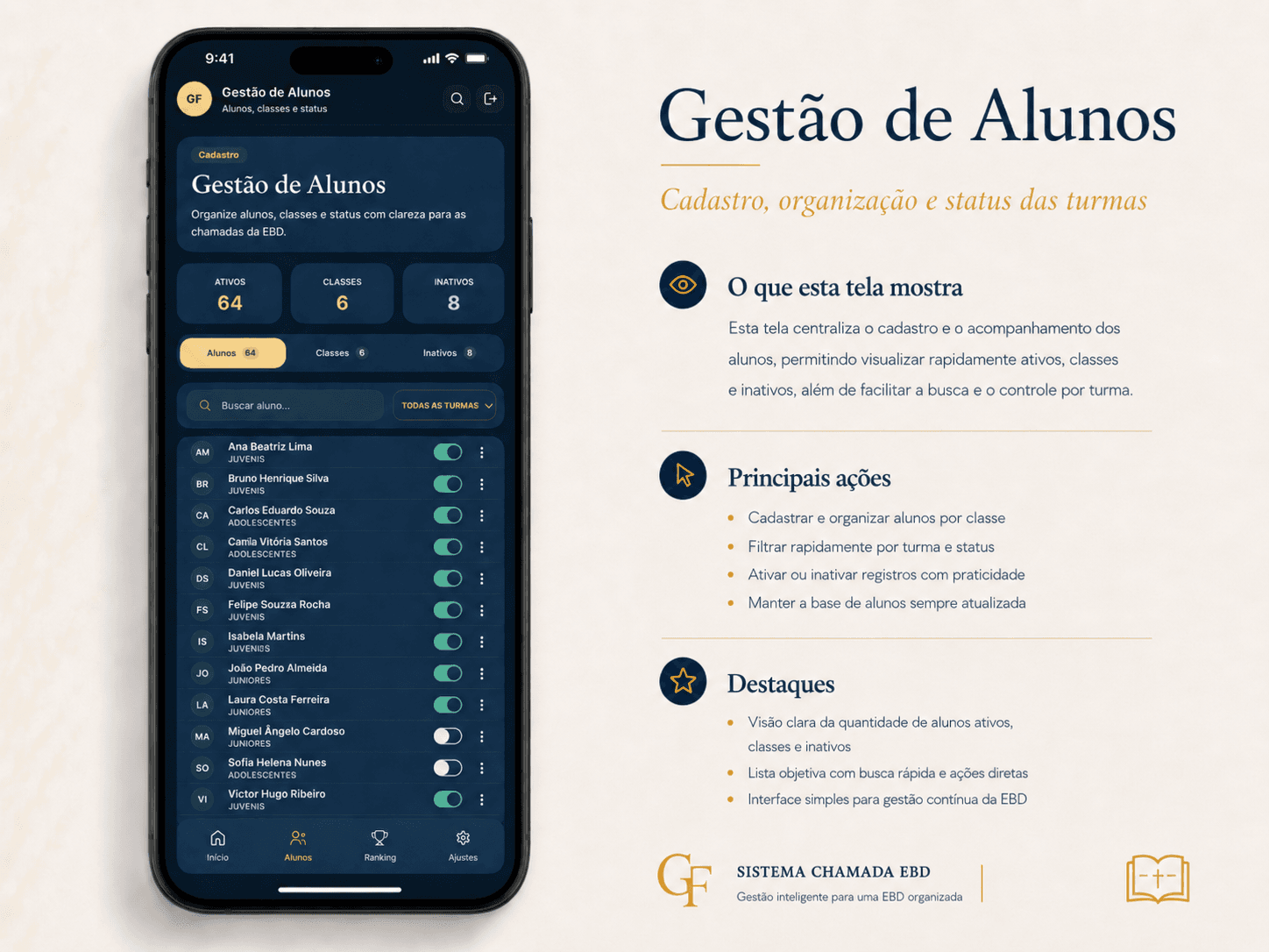 Tela do Sistema de Gestão da EBD: Gestão de alunos