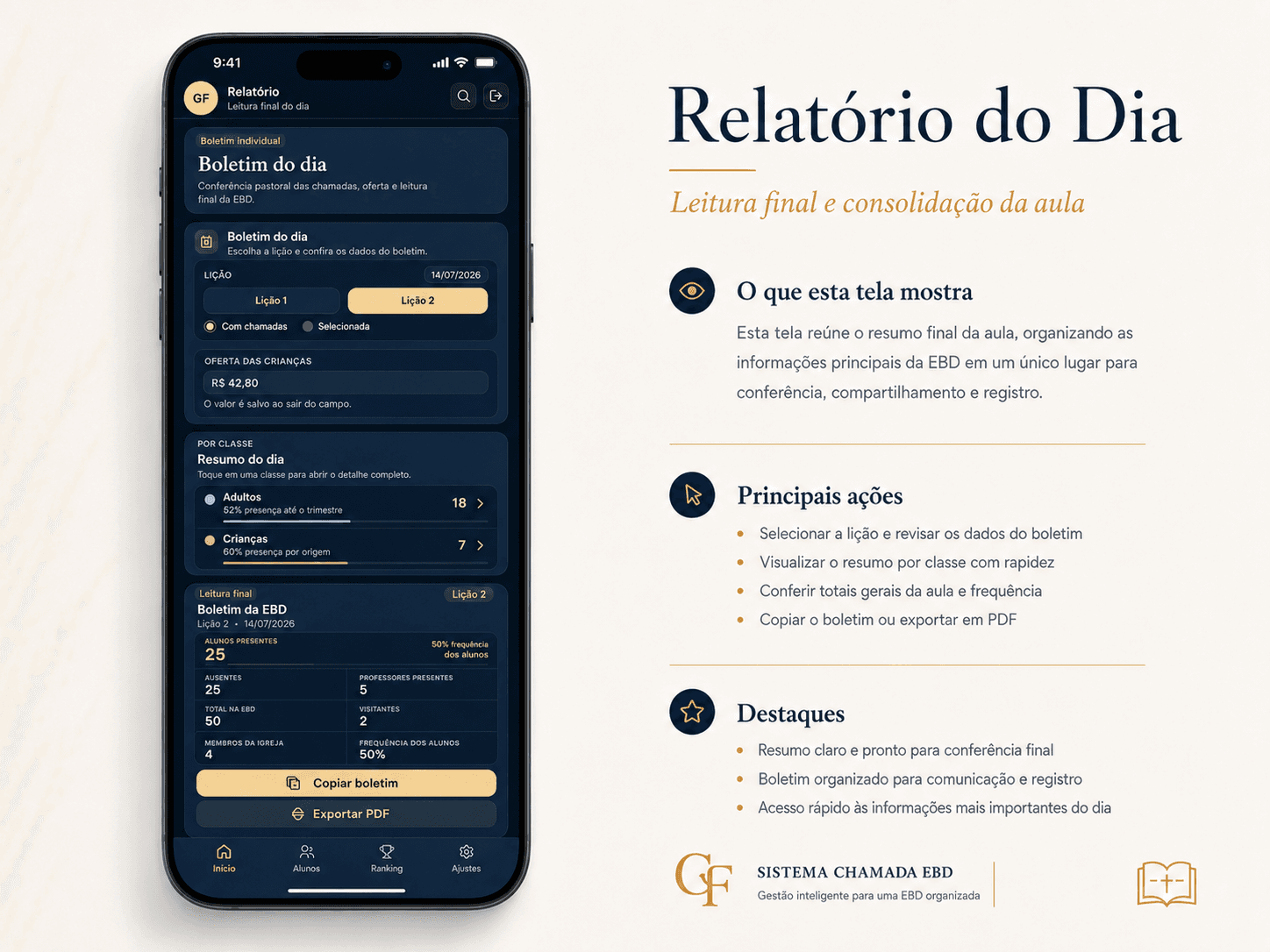 Tela do Sistema de Gestão da EBD: Relatório da aula