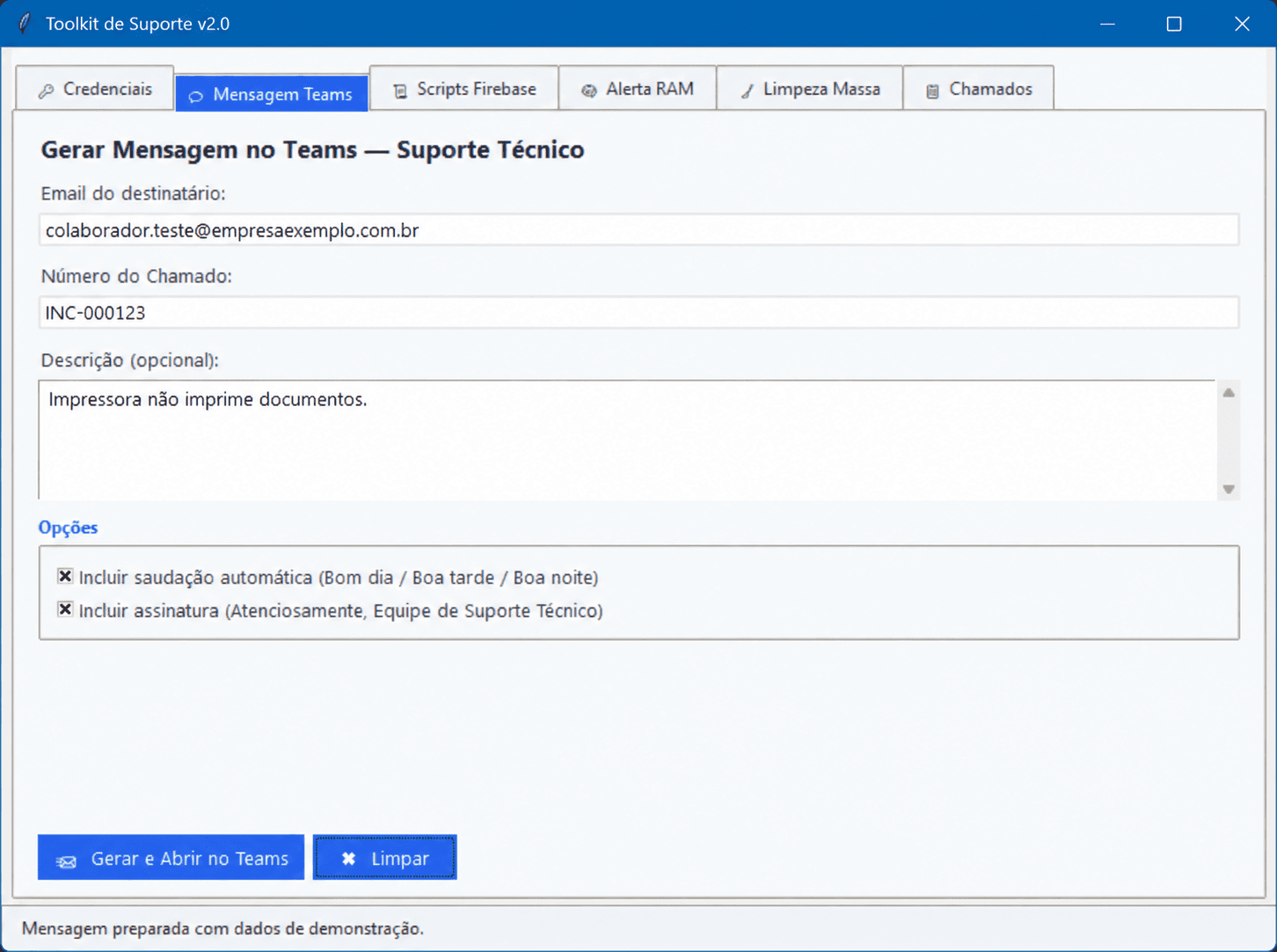 Toolkit de Suporte Técnico: Mensagem para Teams