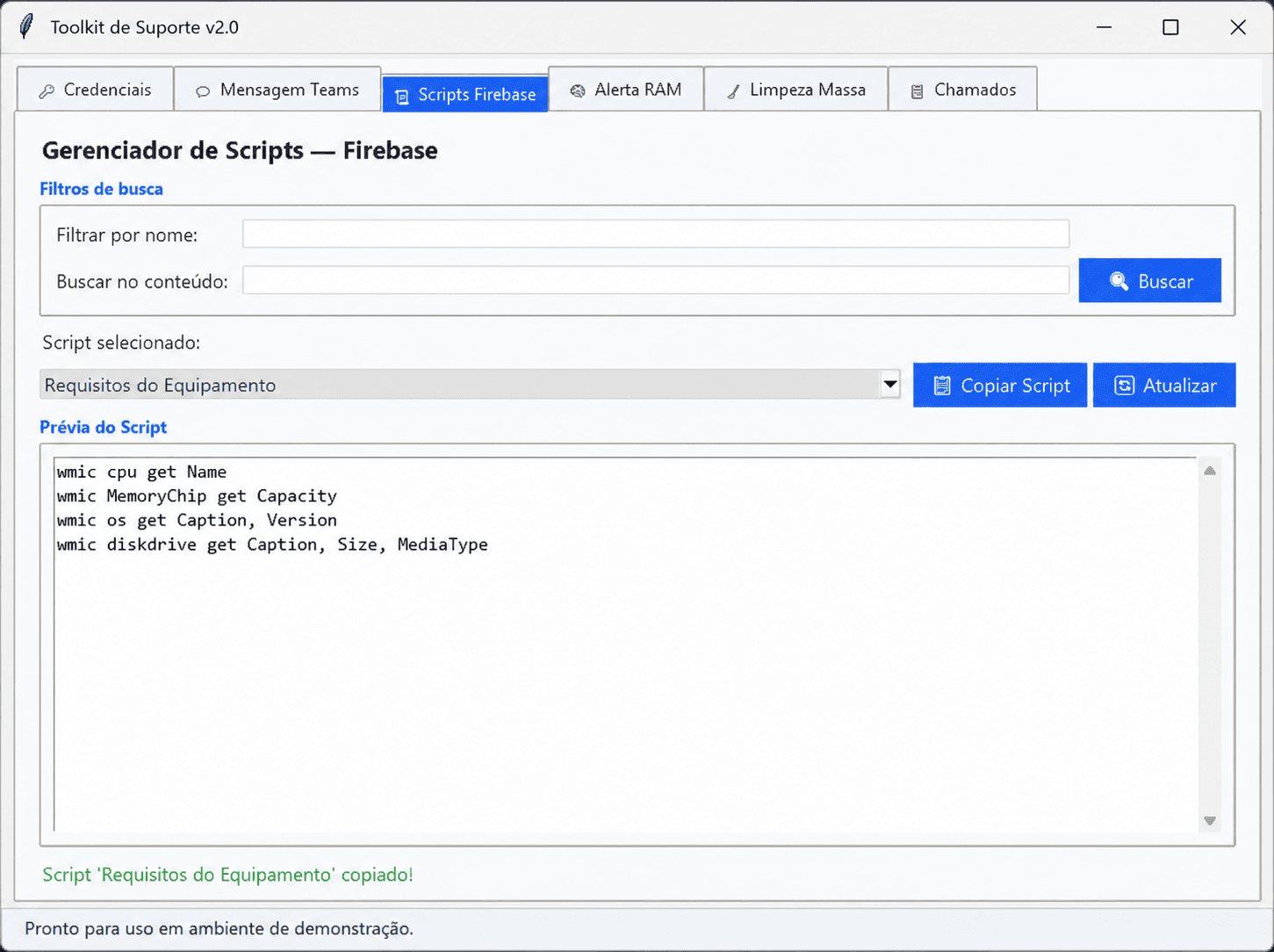 Toolkit de Suporte Técnico: Prévia do script