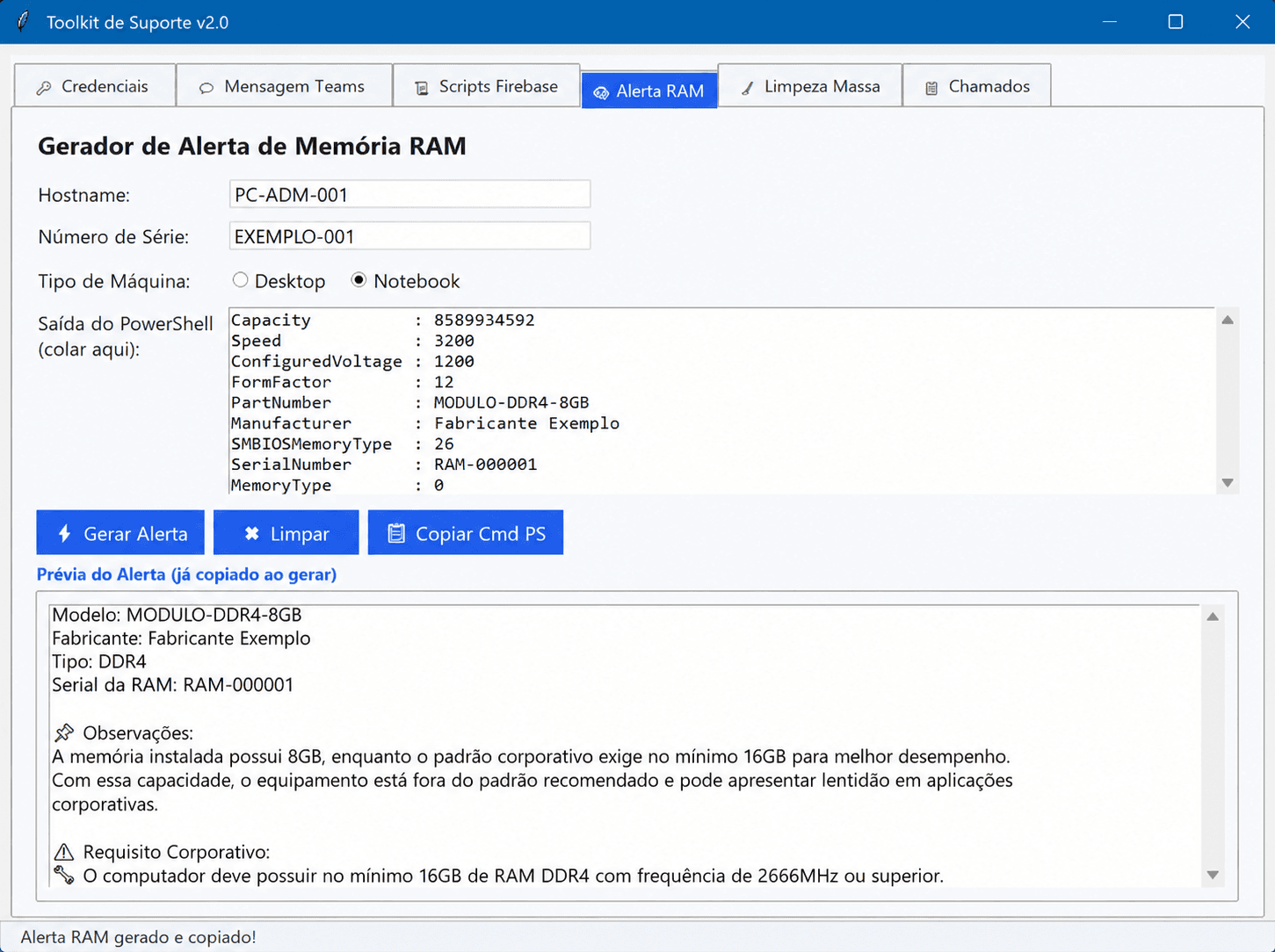 Toolkit de Suporte Técnico: Resultado do alerta de RAM